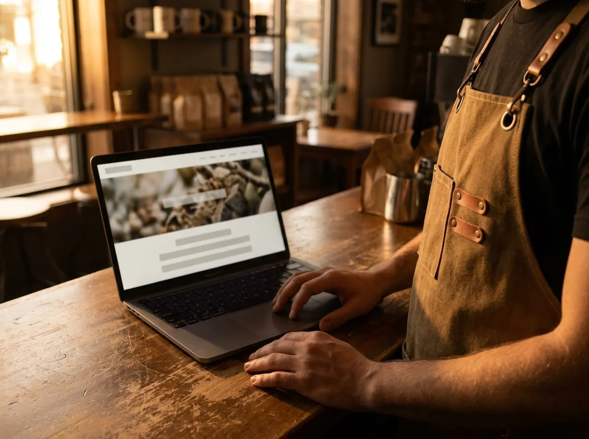 El dueno de un negocio, con delantal, mira su propio sitio en una laptop sobre el mostrador de madera
