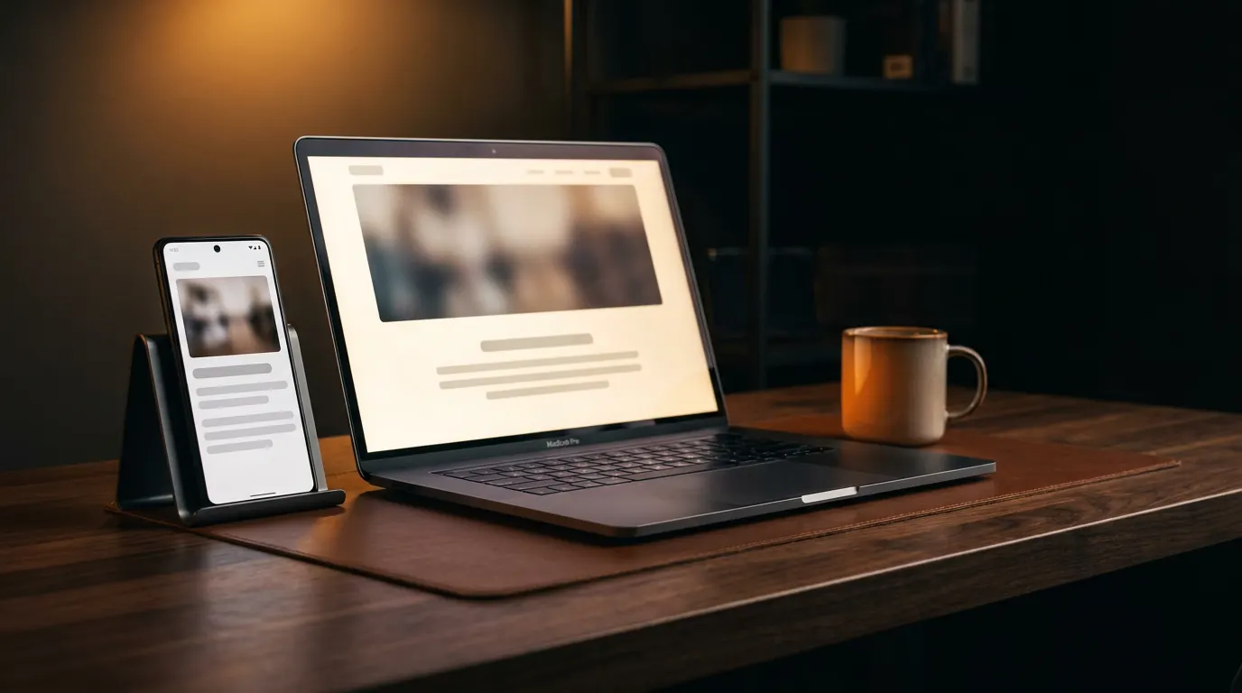 Una laptop y un telefono sobre un escritorio de madera oscura, los dos mostrando la misma pagina